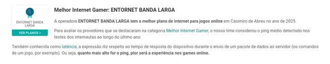 Prêmio Melhor Internet Gamer em Casimiro de Abreu - Entornet Fibra